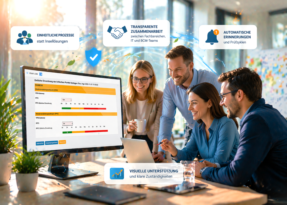 Bürosituation: Mitarbeitende gemeinsam am Monitor bei der Nutzung des BCM Workflows von Panvision
